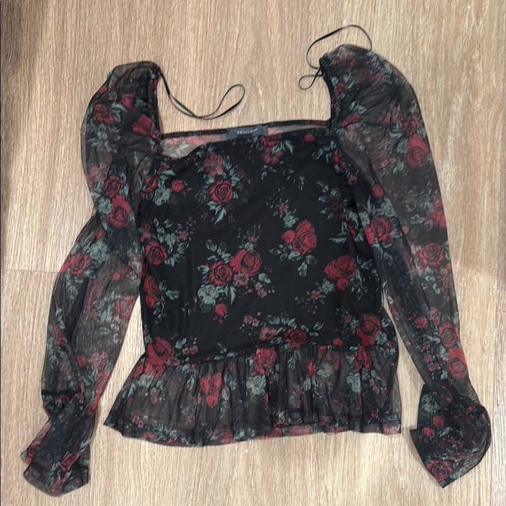 Primark Black Blouse with Ruffled Sleeves and Square Neckline